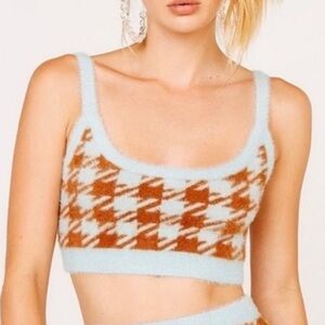 NWT Small Blue Brown Faux Intarsia Mohair Cropped Tank Top Cami